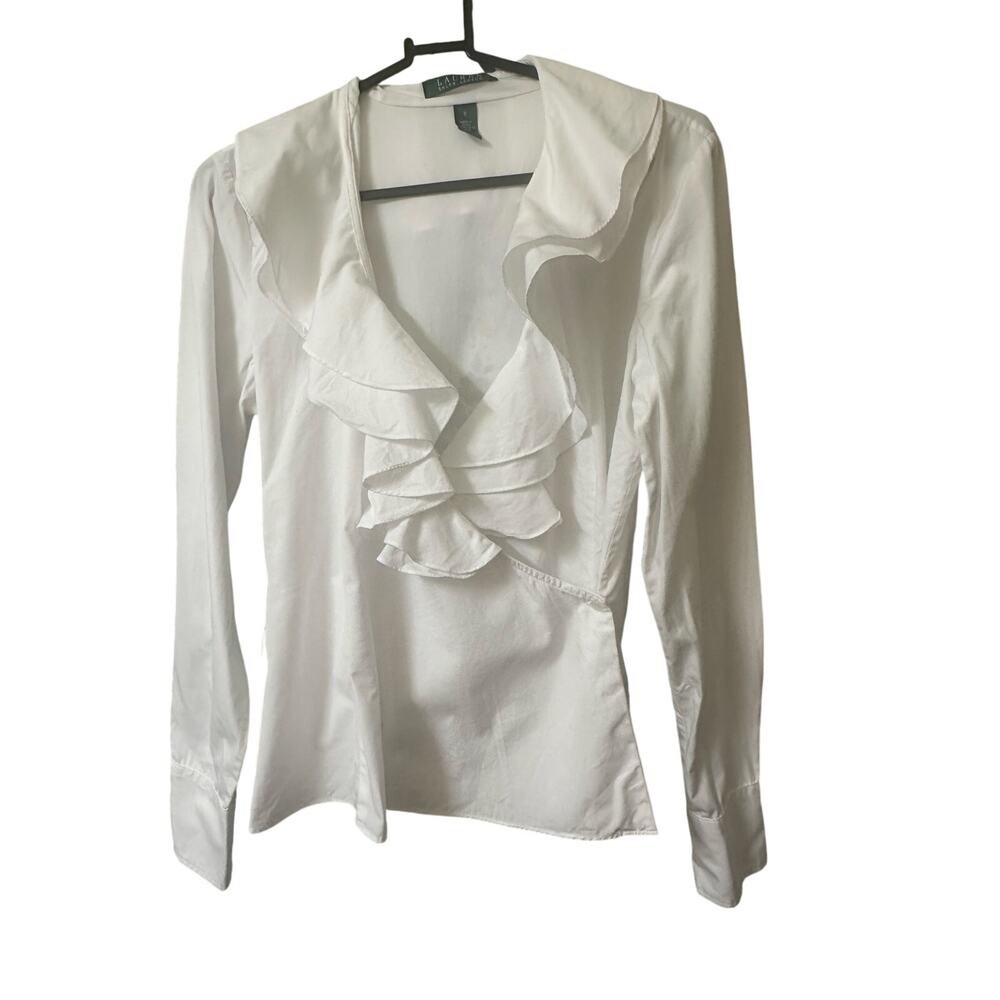 Lauren Ralph Lauren White Ruffle Wrap Blouse Womens Small Long Sleeve Cotton Top